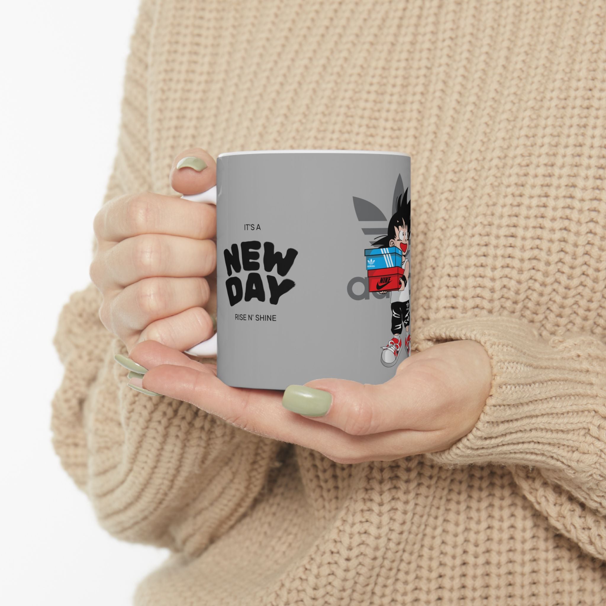 Anime Sneakerhead Mug — Cute Boy with Shoe Boxes, Retro Streetwear Coffee Cup (11oz/15oz)