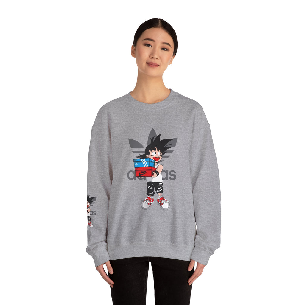 Anime Kid Graphic Sweatshirt — Cute Goku Shopping Adidas-Style Crewneck
