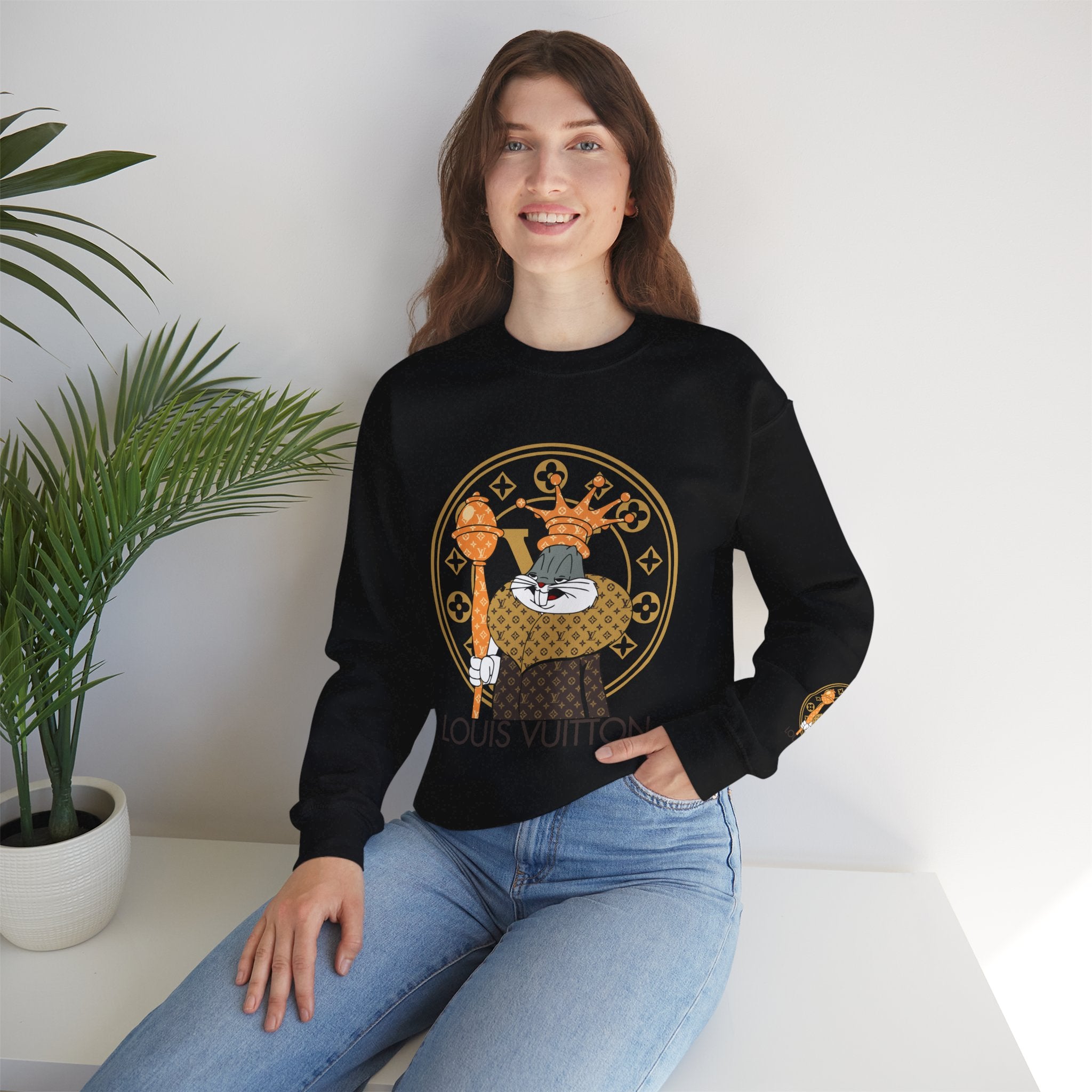 Luxury Logo Crewneck Sweatshirt — King Cat Graphic "Louis Vuitton"