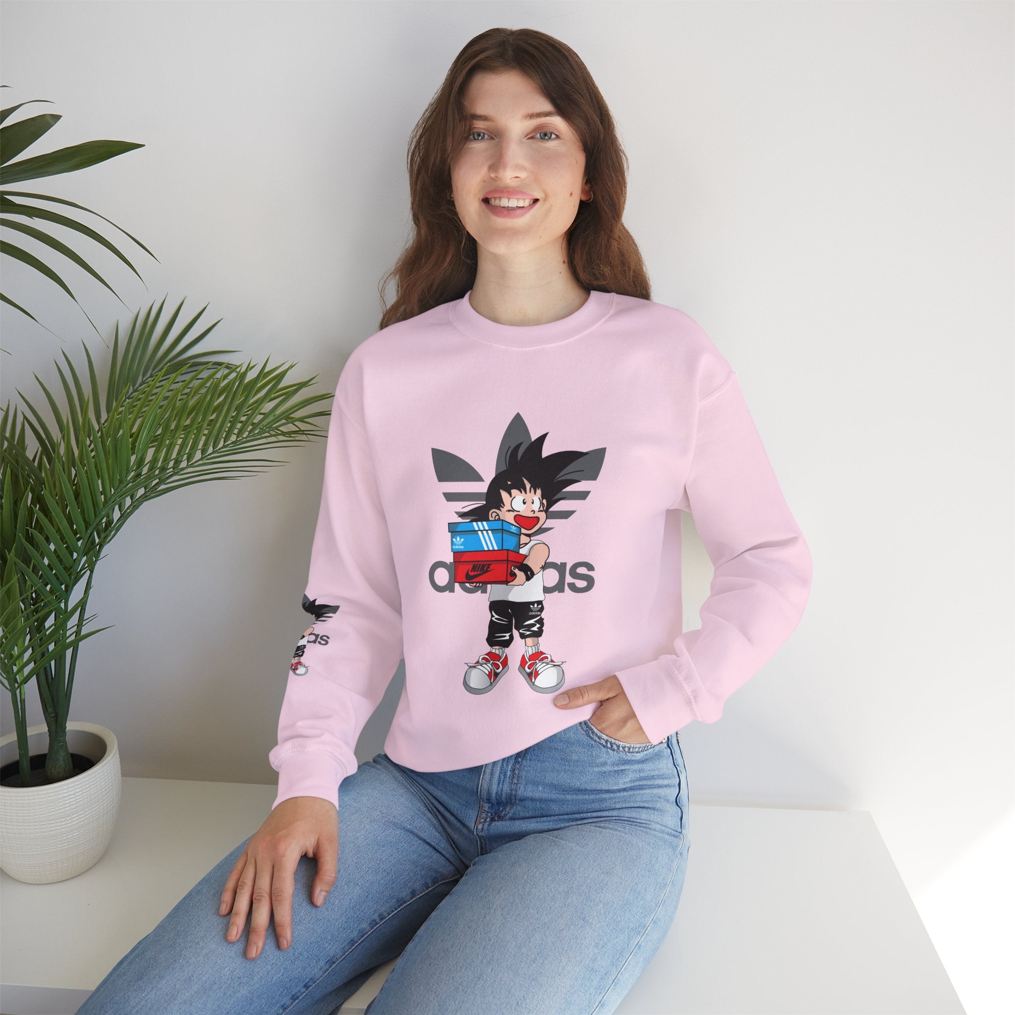 Anime Kid Graphic Sweatshirt — Cute Goku Shopping Adidas-Style Crewneck