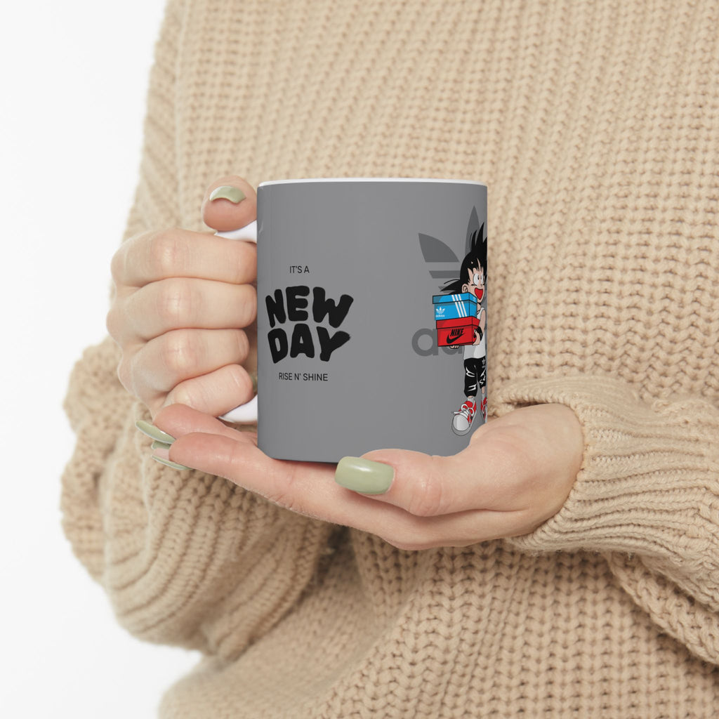 Anime Sneakerhead Mug — Cute Boy with Shoe Boxes, Retro Streetwear Coffee Cup (11oz/15oz)